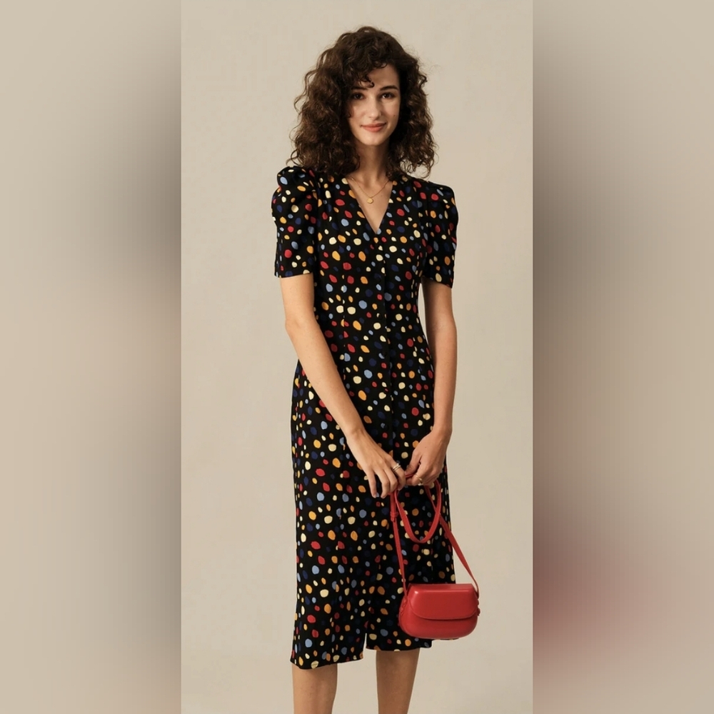Rihoas Polka Dot Midi Dress Slim Tie Back XL Button Front Fit Flare Black S/S